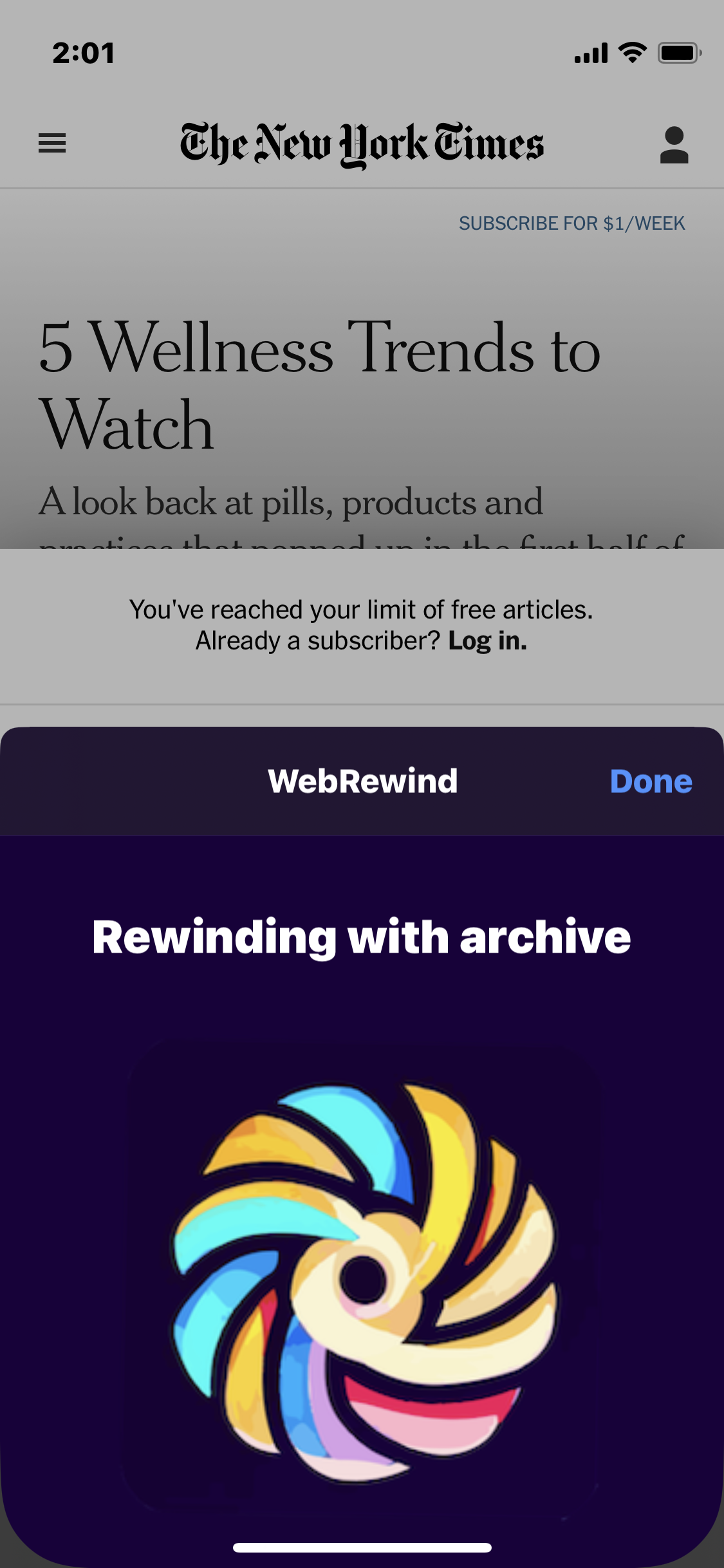 bypassing nytimes paywall with WebRewind
